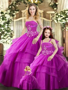 Modern Fuchsia Ball Gowns Tulle Strapless Sleeveless Beading Floor Length Lace Up Sweet 16 Quinceanera Dress