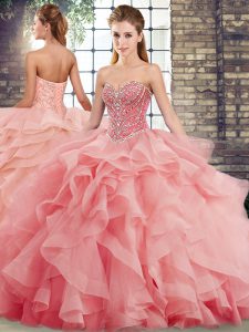 Sweetheart Sleeveless Brush Train Lace Up 15th Birthday Dress Watermelon Red Tulle