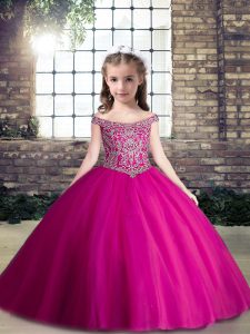 Beauteous Sweetheart Sleeveless Pageant Dress for Teens Floor Length Beading Fuchsia Tulle