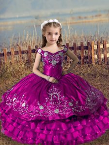 Modern Fuchsia Ball Gowns Satin and Organza Off The Shoulder Sleeveless Embroidery and Ruffled Layers Floor Length Lace Up Little Girl Pageant Gowns