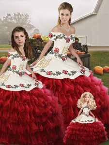Floor Length Wine Red Sweet 16 Dress Organza Sleeveless Embroidery and Ruffled Layers