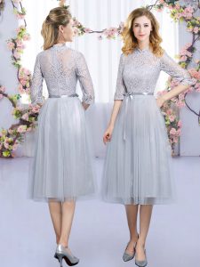 Hot Sale Grey Dama Dress for Quinceanera Wedding Party with Lace and Belt High-neck Half Sleeves Zipper