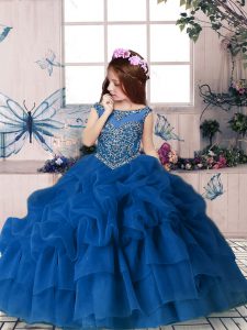 Fashion Organza Scoop Sleeveless Zipper Beading and Pick Ups Child Pageant Dress in Blue