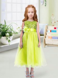 Scoop Sleeveless Little Girls Pageant Gowns Tea Length Sequins and Hand Made Flower Yellow Green Organza