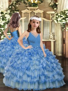 Blue Custom Made Pageant Dress Party and Wedding Party with Ruffled Layers V-neck Sleeveless Zipper
