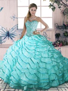Modest Aqua Blue Ball Gowns Organza Sweetheart Sleeveless Beading and Ruffled Layers Lace Up Sweet 16 Dress Brush Train