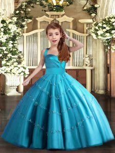Customized Floor Length Lace Up Little Girl Pageant Gowns Baby Blue for Party and Wedding Party with Beading