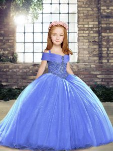 Latest Blue Straps Neckline Beading Pageant Dress Toddler Sleeveless Lace Up