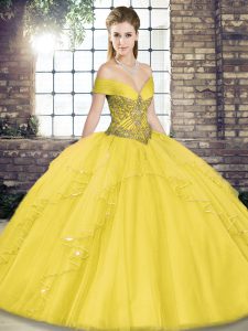 Captivating Off The Shoulder Sleeveless Sweet 16 Dresses Floor Length Beading and Ruffles Gold Tulle