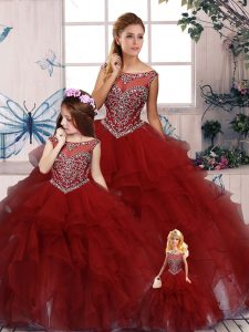 Burgundy Sleeveless Floor Length Beading and Ruffles Zipper Quince Ball Gowns