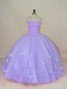 Lavender Quinceanera Gowns Sweet 16 and Quinceanera with Beading and Hand Made Flower Sweetheart Sleeveless Backless