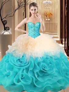 Discount Sleeveless Lace Up Floor Length Beading and Ruffles Quince Ball Gowns