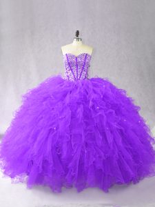 Cheap Purple Lace Up Quinceanera Dresses Beading and Ruffles Sleeveless Floor Length