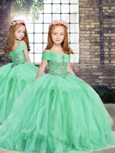 Straps Sleeveless Little Girls Pageant Dress Floor Length Beading and Ruffles Apple Green Tulle