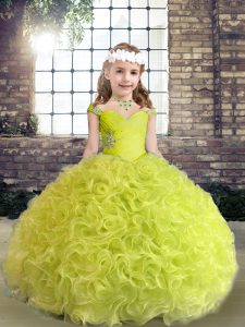 Floor Length Lace Up Pageant Dress for Teens Yellow Green for Party and Wedding Party with Beading and Ruffles