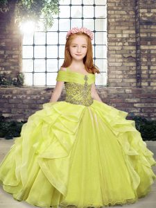 Sleeveless Floor Length Beading and Ruffles Lace Up Pageant Dresses with Yellow Green