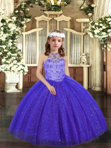 Royal Blue Halter Top Neckline Beading Kids Formal Wear Sleeveless Lace Up