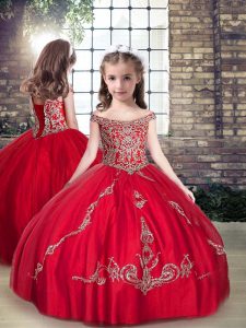 Latest Straps Sleeveless Child Pageant Dress Floor Length Beading Red Tulle