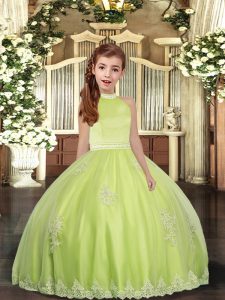 Sleeveless Floor Length Beading and Appliques Backless Kids Formal Wear with Yellow Green