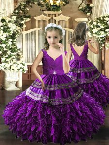 Sleeveless Beading and Appliques and Ruffles and Ruching Backless Pageant Gowns For Girls