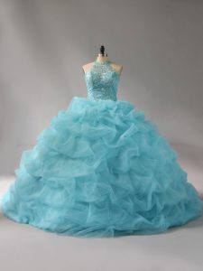 Captivating Court Train Ball Gowns Sweet 16 Dress Aqua Blue Halter Top Organza Sleeveless Lace Up