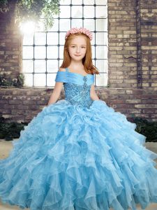 Blue Organza Lace Up Straps Sleeveless Floor Length Girls Pageant Dresses Beading and Ruffles