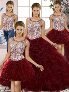 Superior Beading and Ruffles Quinceanera Gowns Burgundy Lace Up Sleeveless Floor Length