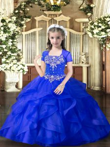 Gorgeous Royal Blue Tulle Lace Up Glitz Pageant Dress Sleeveless Floor Length Beading and Ruffles