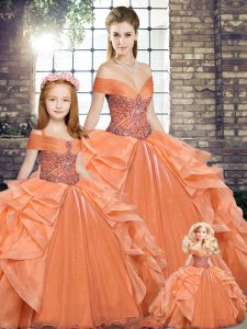 Comfortable Orange Off The Shoulder Neckline Beading and Ruffles 15 Quinceanera Dress Sleeveless Lace Up