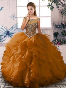 Most Popular Sleeveless Floor Length Beading and Ruffles Lace Up Vestidos de Quinceanera with Brown
