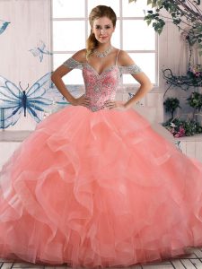 Peach Ball Gowns Beading and Ruffles Quinceanera Dresses Lace Up Tulle Sleeveless Floor Length
