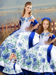 Custom Design Sleeveless Floor Length Embroidery and Ruffles Lace Up 15th Birthday Dress with Blue And White