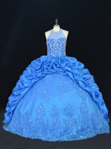 Pretty Blue Taffeta Lace Up Halter Top Sleeveless Floor Length Vestidos de Quinceanera Beading and Appliques and Embroidery and Pick Ups
