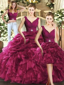 Delicate Burgundy Ball Gowns V-neck Sleeveless Organza Floor Length Backless Ruffles and Pick Ups Quinceanera Dress