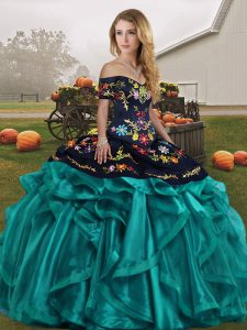 Designer Sleeveless Lace Up Floor Length Embroidery and Ruffles Ball Gown Prom Dress