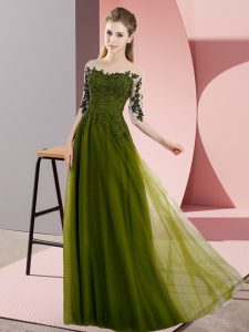 High Quality Floor Length Olive Green Quinceanera Court of Honor Dress Bateau Half Sleeves Lace Up