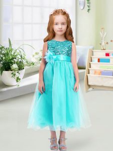 Custom Designed Tea Length Empire Sleeveless Aqua Blue Pageant Gowns For Girls Zipper