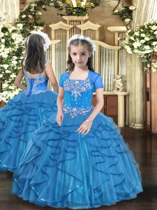 Modern Sleeveless Floor Length Beading and Ruffles Lace Up Pageant Gowns For Girls with Baby Blue