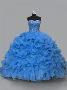 Delicate Floor Length Lace Up Sweet 16 Dresses Blue for Sweet 16 and Quinceanera with Beading and Ruffles