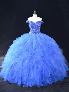 Floor Length Blue 15 Quinceanera Dress Off The Shoulder Sleeveless Lace Up