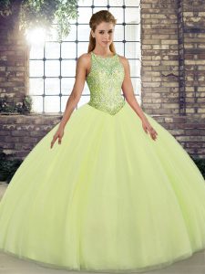 Scoop Sleeveless Tulle Quinceanera Gowns Embroidery Lace Up