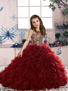 Simple Wine Red Ball Gowns Organza Scoop Sleeveless Beading and Ruffles Floor Length Lace Up Pageant Gowns For Girls