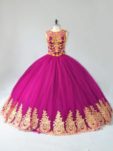 Sleeveless Floor Length Beading and Appliques Lace Up 15 Quinceanera Dress with Fuchsia