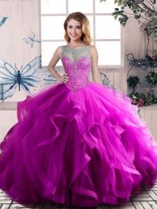 Purple Ball Gowns Tulle Scoop Sleeveless Beading and Ruffles Floor Length Lace Up Quinceanera Dresses