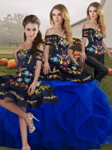 Royal Blue Tulle Lace Up Off The Shoulder Sleeveless Floor Length Quinceanera Dress Embroidery and Ruffles