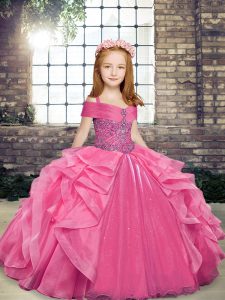 On Sale Floor Length Lace Up Glitz Pageant Dress Pink for Party and Wedding Party with Beading and Ruffles