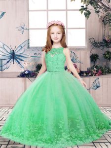 Green Scoop Neckline Lace and Appliques Little Girls Pageant Gowns Sleeveless Backless