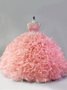 Suitable Pink Two Pieces Beading and Ruffles Sweet 16 Dress Zipper Fabric With Rolling Flowers Sleeveless Floor Length