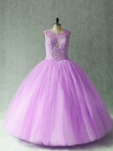 Ball Gowns 15 Quinceanera Dress Lilac Scoop Tulle Sleeveless Floor Length Lace Up