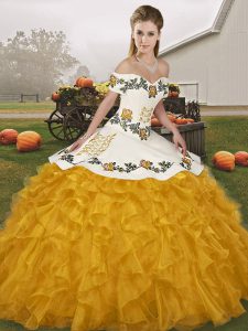 Floor Length Gold Sweet 16 Quinceanera Dress Off The Shoulder Sleeveless Lace Up